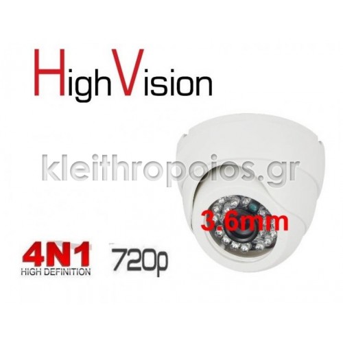 CCV - 720 High Vision AHD Κάμερα Dome Υβριδική AHD / CVI / TVI / CVBS 4 τεχνολογίες σε 1 κάμερα με φακό 3.6mm και ανάλυση 1MP για εσωτερική χρήση 